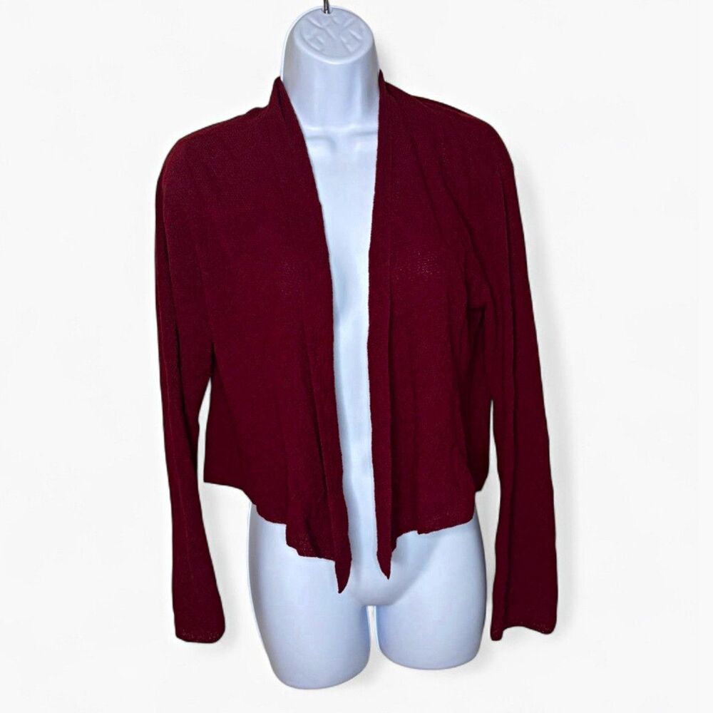 Eileen Fisher 100% Wool Italian Yarn Open Front Cropped Cardigan Burgundy Size S